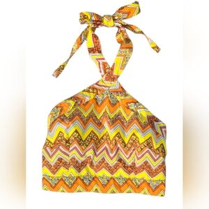 S/W/F Halter Crop Top XS Boho Zigzag Floral Rust Orange Yellow Cotton